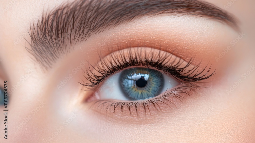 Obraz premium A close-up view of a human eye showcasing vibrant blue and green hues, emphasizing detail in eyelashes and skin tone.