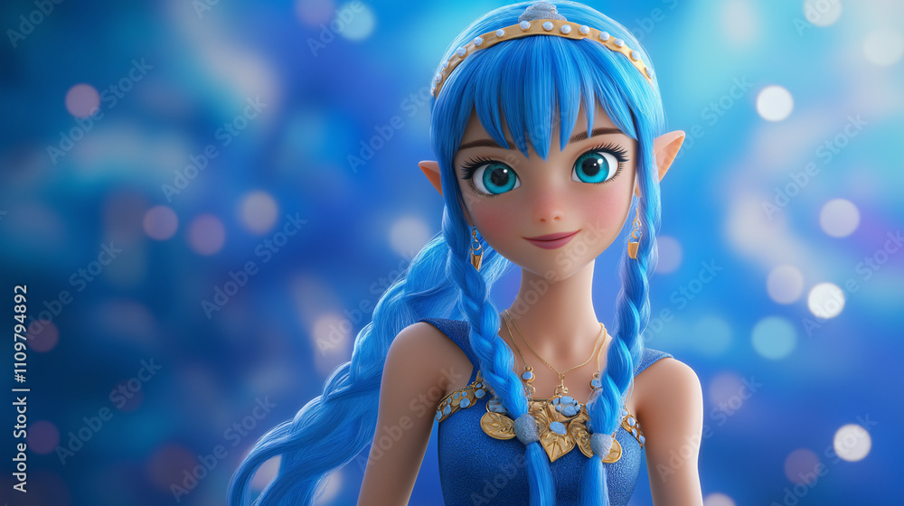 3D animated cute elf straight sky blue braided hair fantasy character design facial features intricate sparkling mystical atmosphere fantasy art storytelling concept character design winter snow 3D animated cute elf straight sky blue braided hair fantasy character design facial features intricate sparkling mystical atmosphere fantasy art storytelling concept character design winter snow