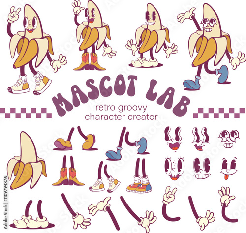 Retro  groovy banana character creation kit, vintage  mascot parts