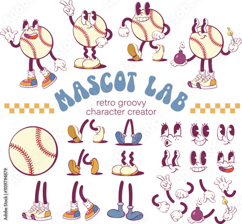 Retro  groovy baseball character creation kit, vintage mascot parts