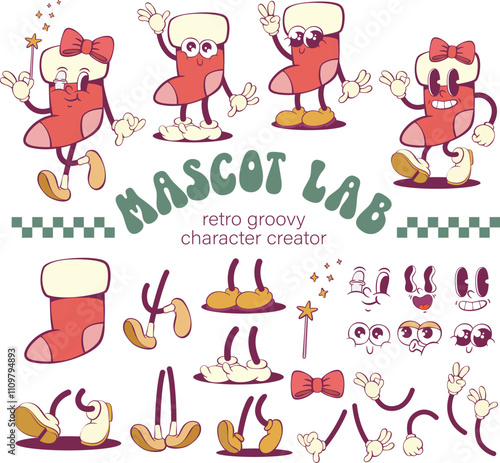 Christmas stocking retro groovy character creation kit, mascot parts