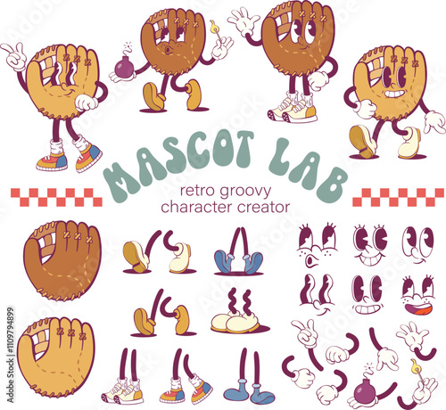 Retro  groovy baseball character creation kit, vintage mascot parts
