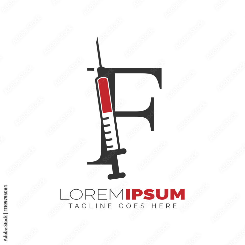 Letter F Injection Logo Design. Alphabet F Syringe icon illustration Letter F Injection Logo Design. Alphabet F Syringe icon illustration