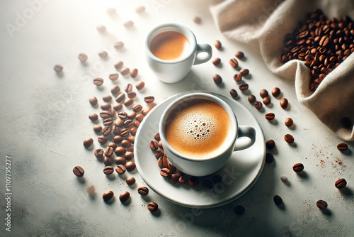 A cup of aromatic coffee from above on a light background. Coffee concept. Generative AI