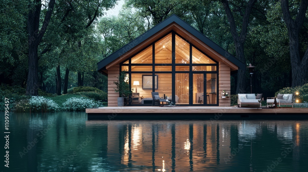 Lakeside Cabin Retreat Modern Architecture Design Evening Lighting Lakeside Cabin Retreat Modern Architecture Design Evening Lighting