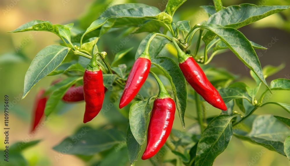 A vibrant display of red chili peppers growing on a plant, showcasing their glossy texture and fresh appearance. A vibrant display of red chili peppers growing on a plant, showcasing their glossy texture and fresh appearance.