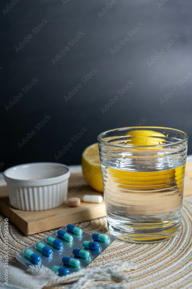 A glass of water with vitamins, two lemons, and a blister pack of tablets on a table, evoking themes of health and hydration. A glass of water with vitamins, two lemons, and a blister pack of tablets on a table, evoking themes of health and hydration.