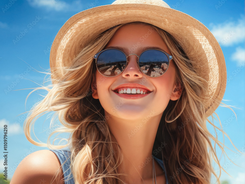 Close-up of a cheerful young woman with long blonde hair tied in a loose braid, wearing stylish round sunglasses, smiling under a bright summer sky. Generative AI Close-up of a cheerful young woman with long blonde hair tied in a loose braid, wearing stylish round sunglasses, smiling under a bright summer sky. Generative AI