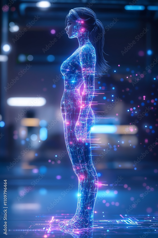 stunningly feminine AI represented as a futuristic hologram. graceful yet powerful posture, outlined by a radiant, glowing network of translucent circuits and digital patterns stunningly feminine AI represented as a futuristic hologram. graceful yet powerful posture, outlined by a radiant, glowing network of translucent circuits and digital patterns