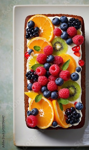 Delicious cake with fruit and berries decoration