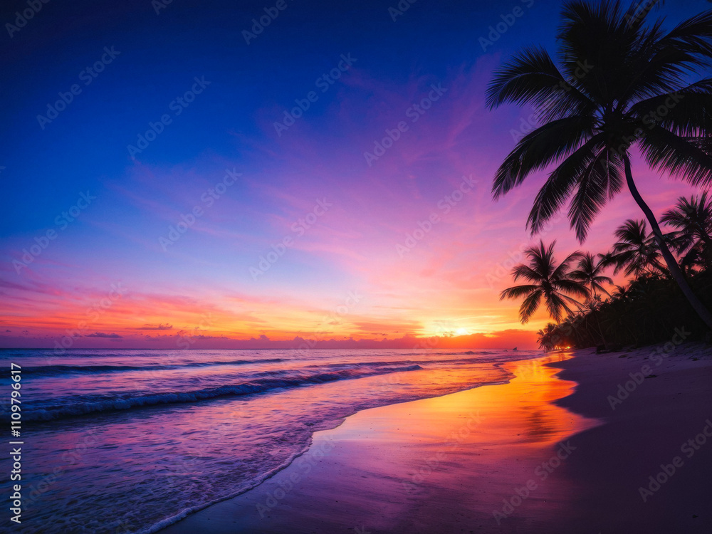 Tropical beach at twilight with silhouetted palm trees and a glowing horizon, the sky transitioning from deep blue to warm hues. Generative AI Tropical beach at twilight with silhouetted palm trees and a glowing horizon, the sky transitioning from deep blue to warm hues. Generative AI
