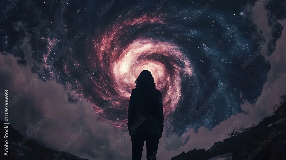 Woman silhouetted against a swirling cosmic nebula. Woman silhouetted against a swirling cosmic nebula.