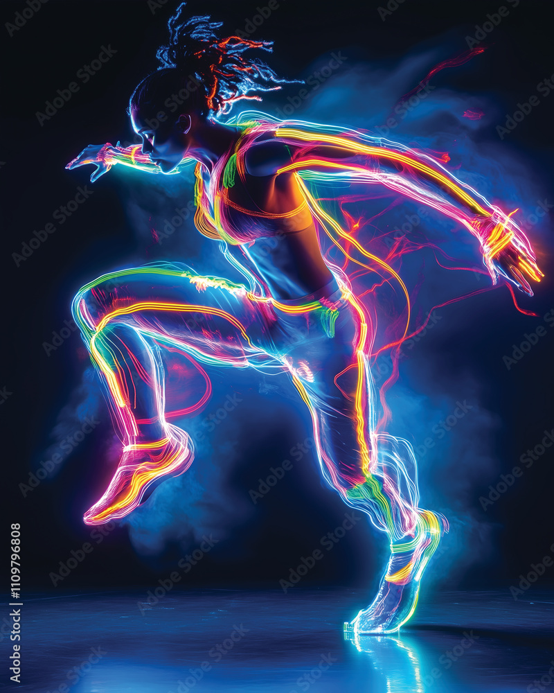 Abstract image of a dancer with neon lights tracing her movements Abstract image of a dancer with neon lights tracing her movements