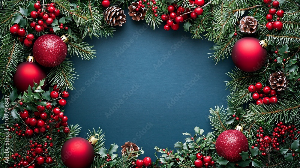 Christmas wreath frame with red ornaments, holly, and pine cones on a dark blue background. Christmas wreath frame with red ornaments, holly, and pine cones on a dark blue background.
