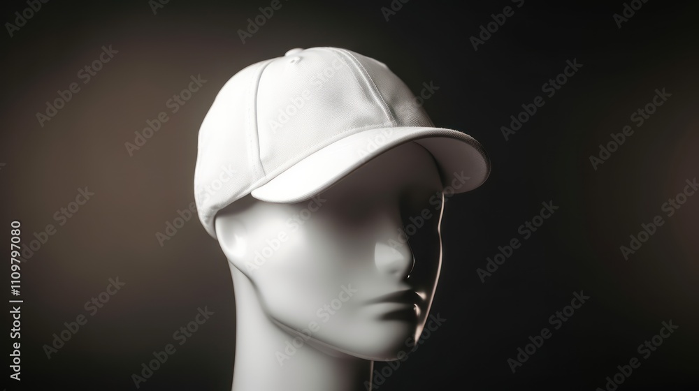A white cap displayed on a mannequin head against a dark background. A white cap displayed on a mannequin head against a dark background.