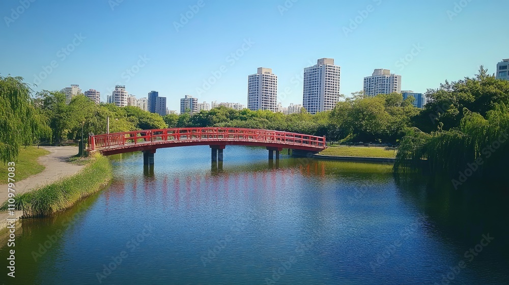 Tranquil Park Scene with Red Bridge Over Calm Water Reflection Tranquil Park Scene with Red Bridge Over Calm Water Reflection