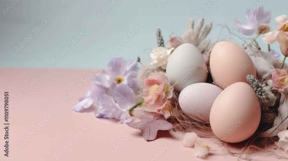 A serene arrangement of decorative eggs and flowers. A serene arrangement of decorative eggs and flowers.