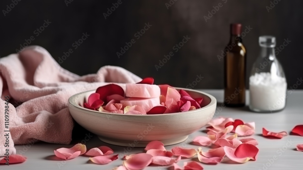 A serene arrangement of rose petals and spa essentials. A serene arrangement of rose petals and spa essentials.