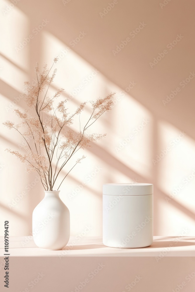 Minimalist still life with dried flowers and yogurt container in soft light Minimalist still life with dried flowers and yogurt container in soft light