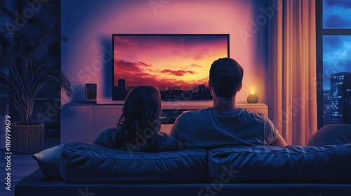 Image of a couple sitting and watching a movie with a romantic atmosphere. AI Generative