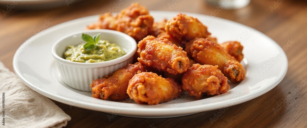 Crispy Buffalo Wings with Creamy Avocado Dip on White Plate Against Wooden Table Crispy Buffalo Wings with Creamy Avocado Dip on White Plate Against Wooden Table