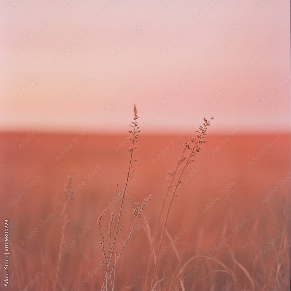 close-up of a vast prairie, some thin grasses in front, red sky, minimalism close-up of a vast prairie, some thin grasses in front, red sky, minimalism