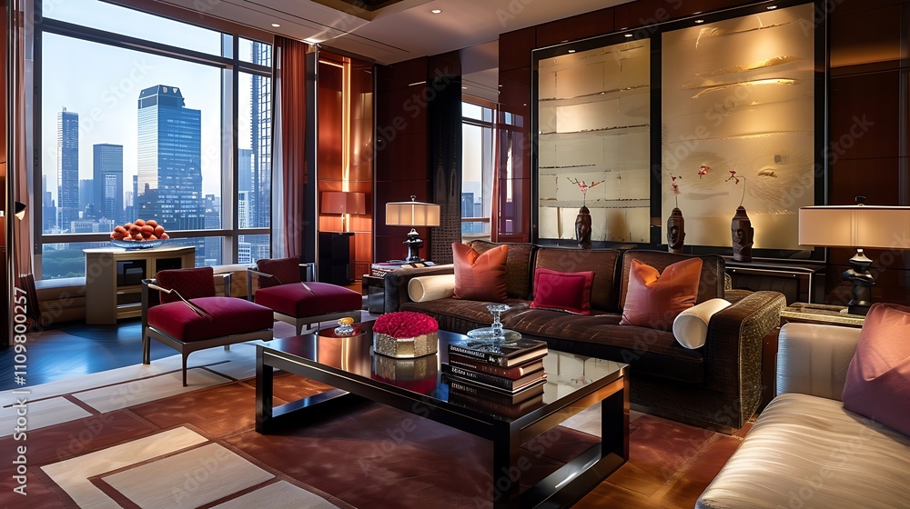 Elegant modern living room with a plush sofa, sleek coffee table, and tasteful decorative accents Elegant modern living room with a plush sofa, sleek coffee table, and tasteful decorative accents