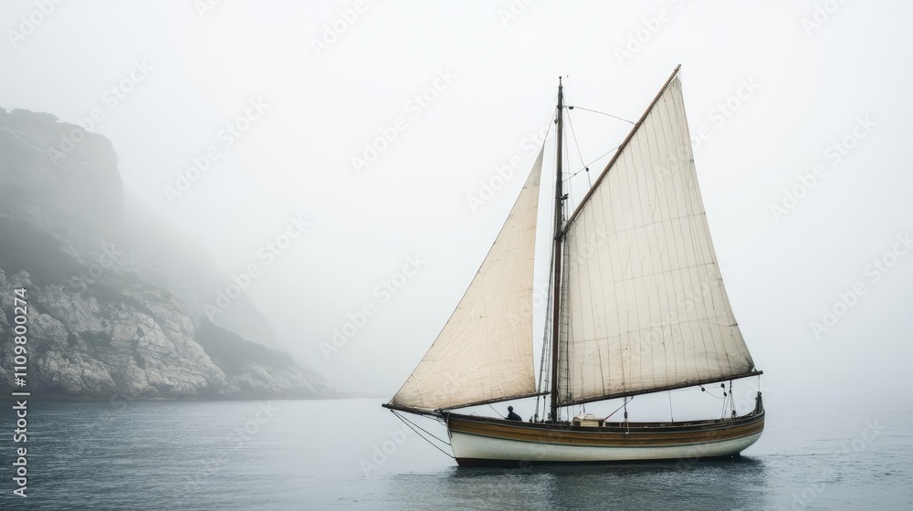 Misty Seascape with Classic Sailboat Gliding Through Fog Misty Seascape with Classic Sailboat Gliding Through Fog