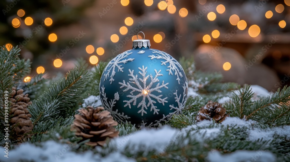 A Blue Christmas Ornament with Snowflake Design Resting on Snow-Covered Pine Branches A Blue Christmas Ornament with Snowflake Design Resting on Snow-Covered Pine Branches