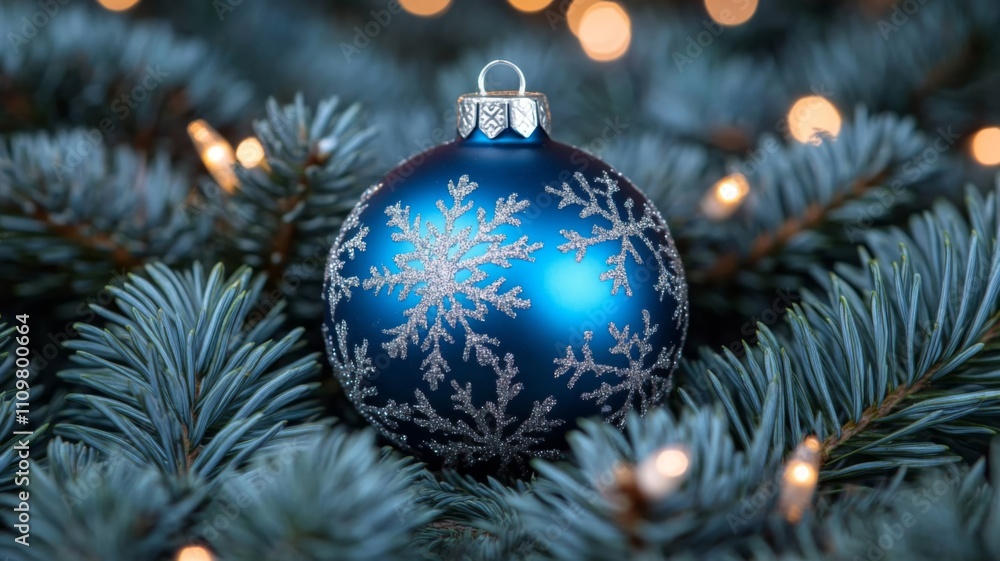 Blue Christmas Ornament with Snowflake Pattern on a Pine Branch Blue Christmas Ornament with Snowflake Pattern on a Pine Branch