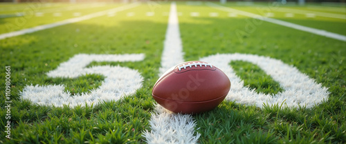 American Football on 50-Yard Line Symbolizing Competition Against Green Field Background