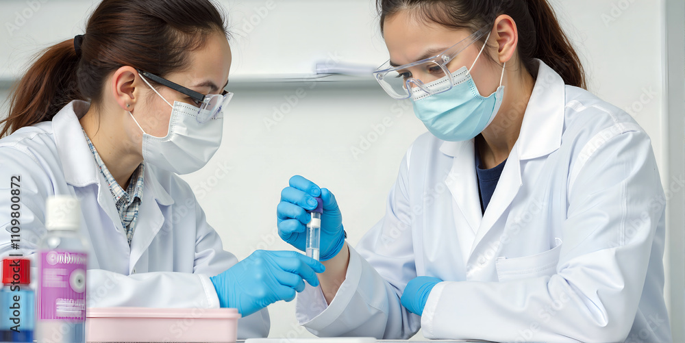 Dedicated scientists meticulously analyze samples, their focused gazes tracing intricate details under bright lab lights Dedicated scientists meticulously analyze samples, their focused gazes tracing intricate details under bright lab lights