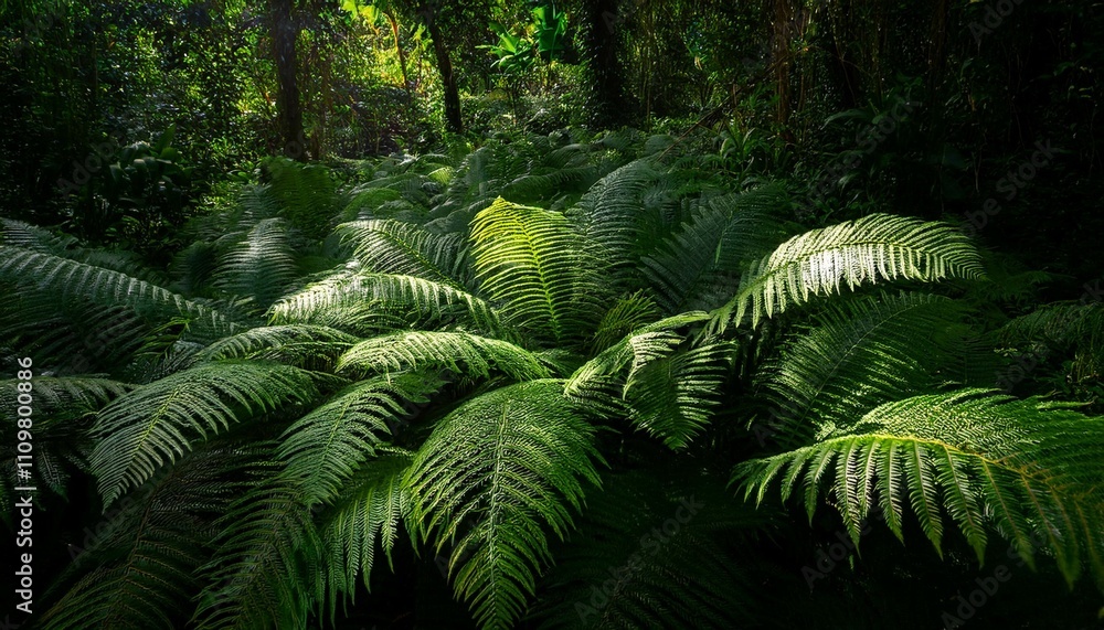 thick layer of ferns covering the jungle floor surrounded by lush green vegetation dark shadows and rich textures thick layer of ferns covering the jungle floor surrounded by lush green vegetation dark shadows and rich textures