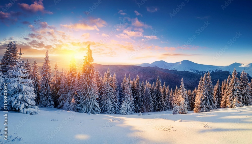 a panoramic view on high mountain winter forest amazing sunrise lawn covered in snow natural landscape with beautiful sky snowy background location place the carpathian ukraine europe a panoramic view on high mountain winter forest amazing sunrise lawn covered in snow natural landscape with beautiful sky snowy background location place the carpathian ukraine europe