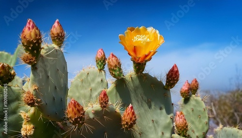 warm hand nopal cactus opuntia cochenillifera flower blooming with blue sky background photo