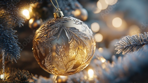 A Golden Christmas Ornament Hanging on a Decorated Christmas Tree photo