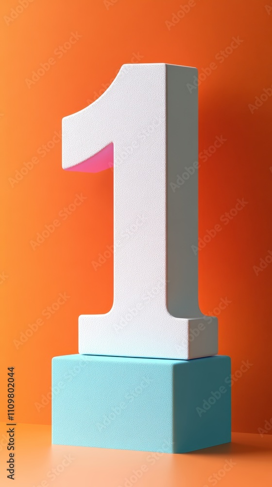A large, textured number one stands atop a blue block against a vivid orange background. This striking composition is suitable for birthday celebrations or learning activities A large, textured number one stands atop a blue block against a vivid orange background. This striking composition is suitable for birthday celebrations or learning activities