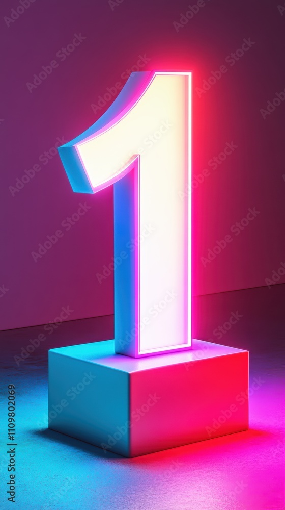 A large, illuminated number one stands on a pedestal, radiating vibrant pink and blue light in a contemporary indoor environment. The ambiance feels festive and lively A large, illuminated number one stands on a pedestal, radiating vibrant pink and blue light in a contemporary indoor environment. The ambiance feels festive and lively