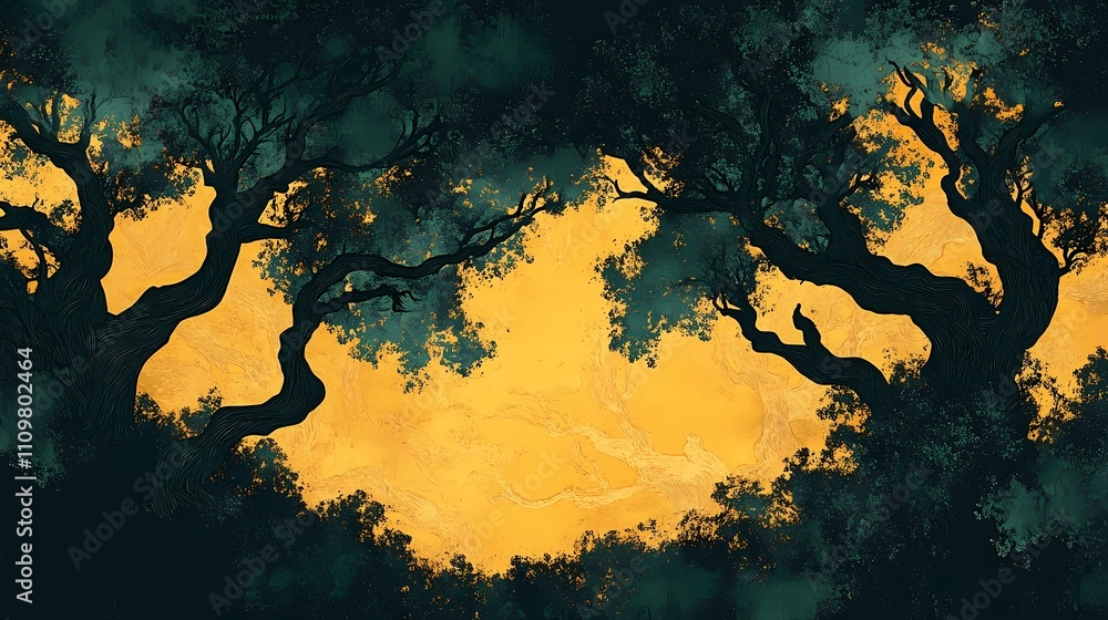 Obraz premium Magical forest illustration blending traditional pyrography styles with vibrant digital art, creating a surreal and atmospheric composition.
