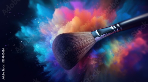 A makeup brush amidst a colorful explosion of powder.