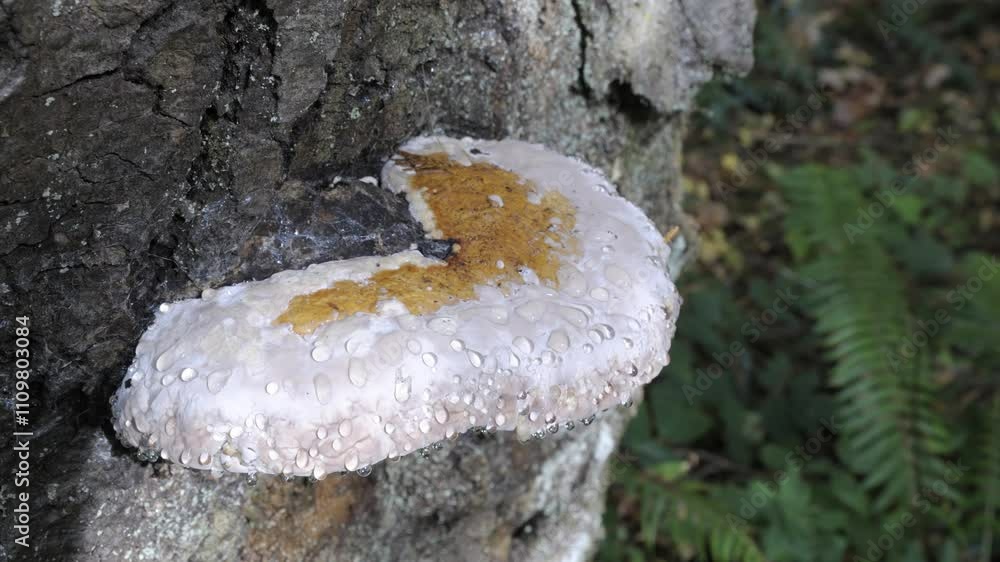 Red-belted Polypore (Fomitopsis pinicola) growing on tree trunk in a lush forest setting
