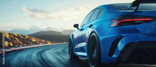 A blue sports car drifting on a winding road with mountains in the background.