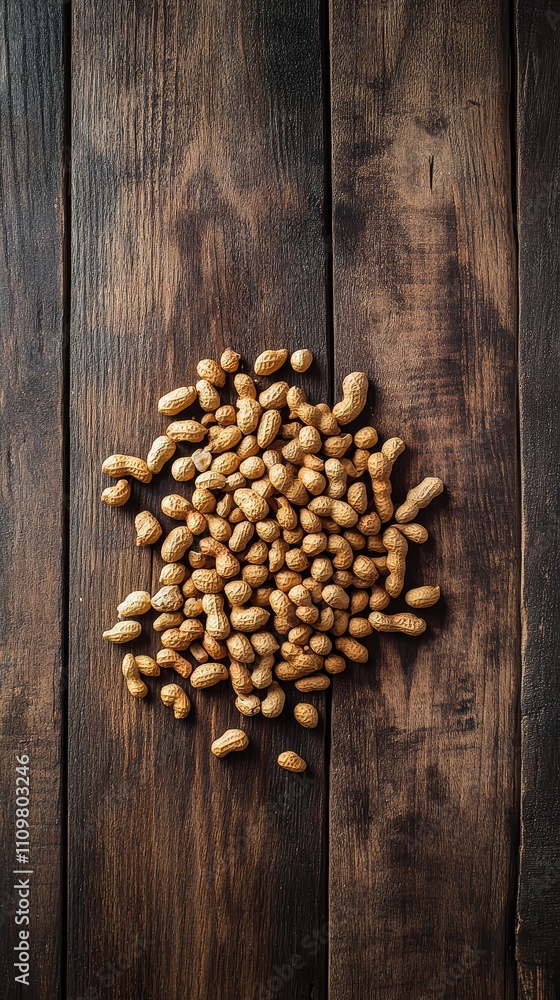 A handful of raw peanuts is spread out on a textured wooden surface. The earthy tones and rough grain of the wood complement the natural appearance of the peanuts, creating a rustic feel A handful of raw peanuts is spread out on a textured wooden surface. The earthy tones and rough grain of the wood complement the natural appearance of the peanuts, creating a rustic feel