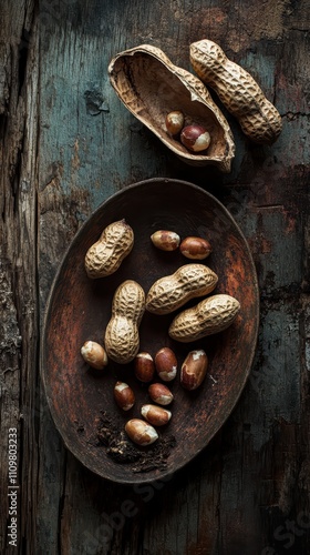 A collection of peanuts and candlenuts is displayed on a rustic, weathered dish. The arrangement highlights both whole and shelled nuts, creating an organic feel photo