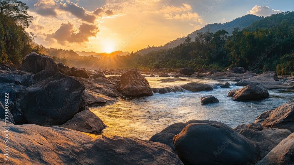 Tranquil Sunset Over Boulder Rapids in Nam Ou River, Embraced by Lush Forests of Phou Den Din National Park, Laos Tranquil Sunset Over Boulder Rapids in Nam Ou River, Embraced by Lush Forests of Phou Den Din National Park, Laos