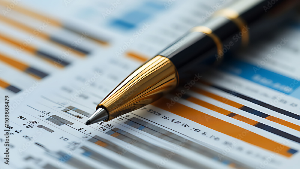 Pen above financial data report. Pen above financial data report.