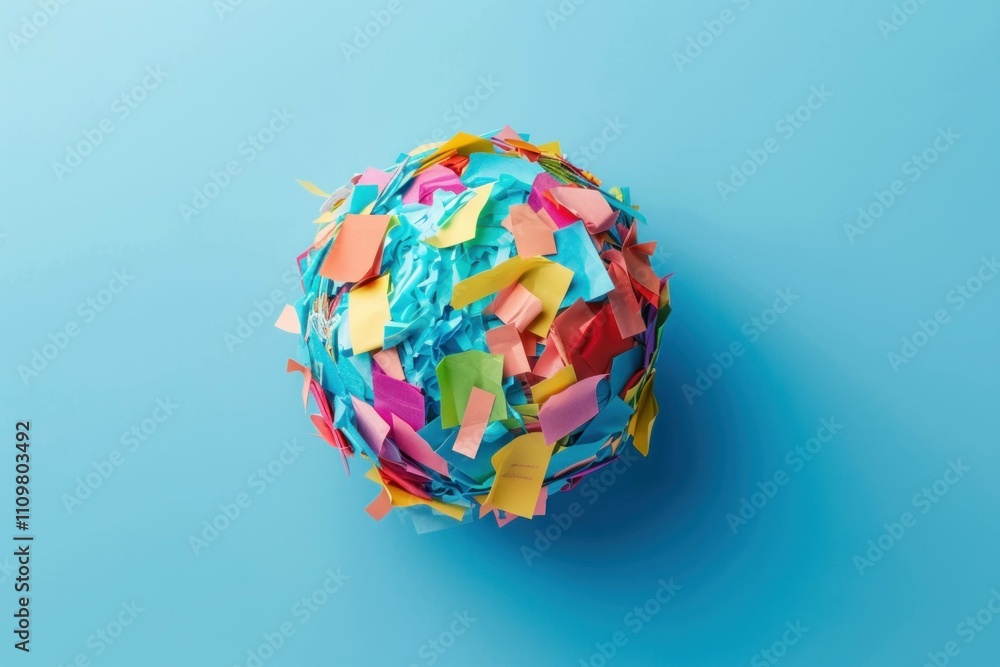 Colorful paper ball made of sticky notes, featuring vibrant hues against a light blue background, symbolizing creativity and organization in a playful way. Colorful paper ball made of sticky notes, featuring vibrant hues against a light blue background, symbolizing creativity and organization in a playful way.