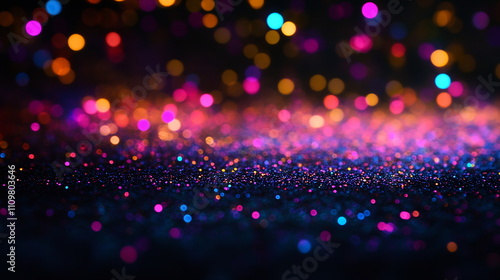 Neon dots and specks in varying sizes scattered across a dark surface, creating a cosmic starry night effect. Horizontal template color gradient, rough retro vibe shine bright light