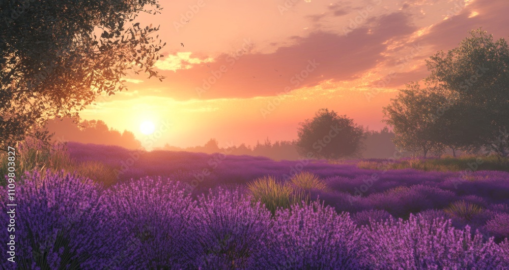 Serene Lavender Field Under Sunset Glow with Tranquil Sky and Gentle Breeze, Purple Hues Creating a Peaceful Natural Ambiance. Serene Lavender Field Under Sunset Glow with Tranquil Sky and Gentle Breeze, Purple Hues Creating a Peaceful Natural Ambiance.