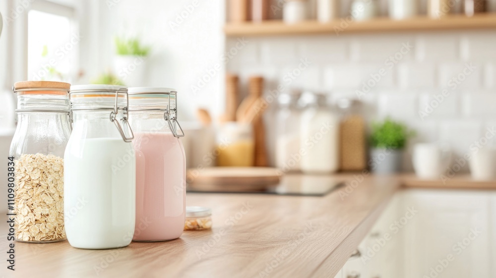 Healthy kitchen setting with jarred yogurt and oats on wooden countertop Healthy kitchen setting with jarred yogurt and oats on wooden countertop